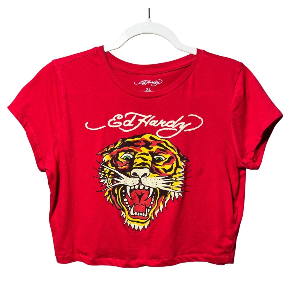 Ed Hardy Red Tiger Graphic Crop Top XL Women Short Sleeve Tee